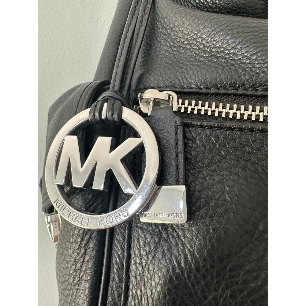 Michael Kors Black Pebbled Leather Hobo Shoulder Bag Silver Hardware MK Charm
